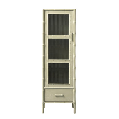 Elstowe Faux Bamboo and Fluted Glass 1-Door Cabinet, Sage Green