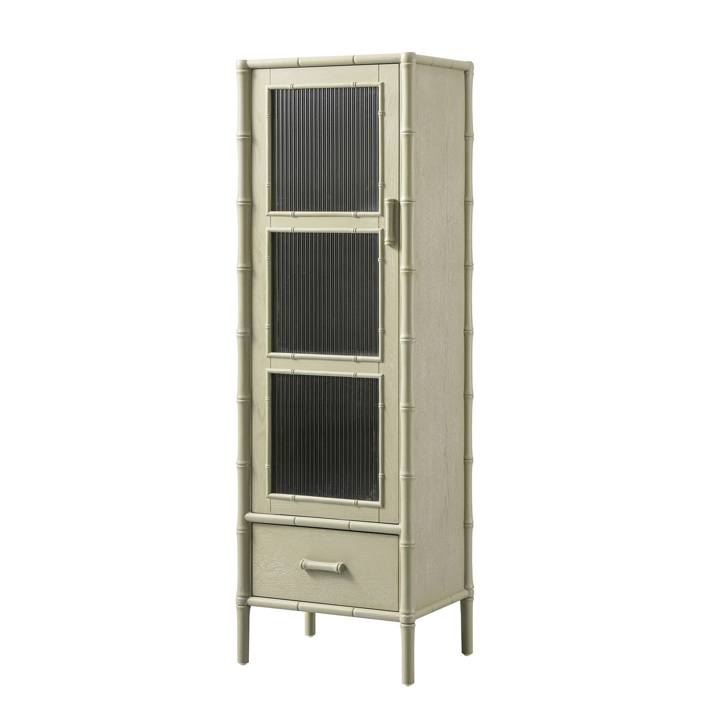 Elstowe Faux Bamboo and Fluted Glass 1-Door Cabinet, Sage Green