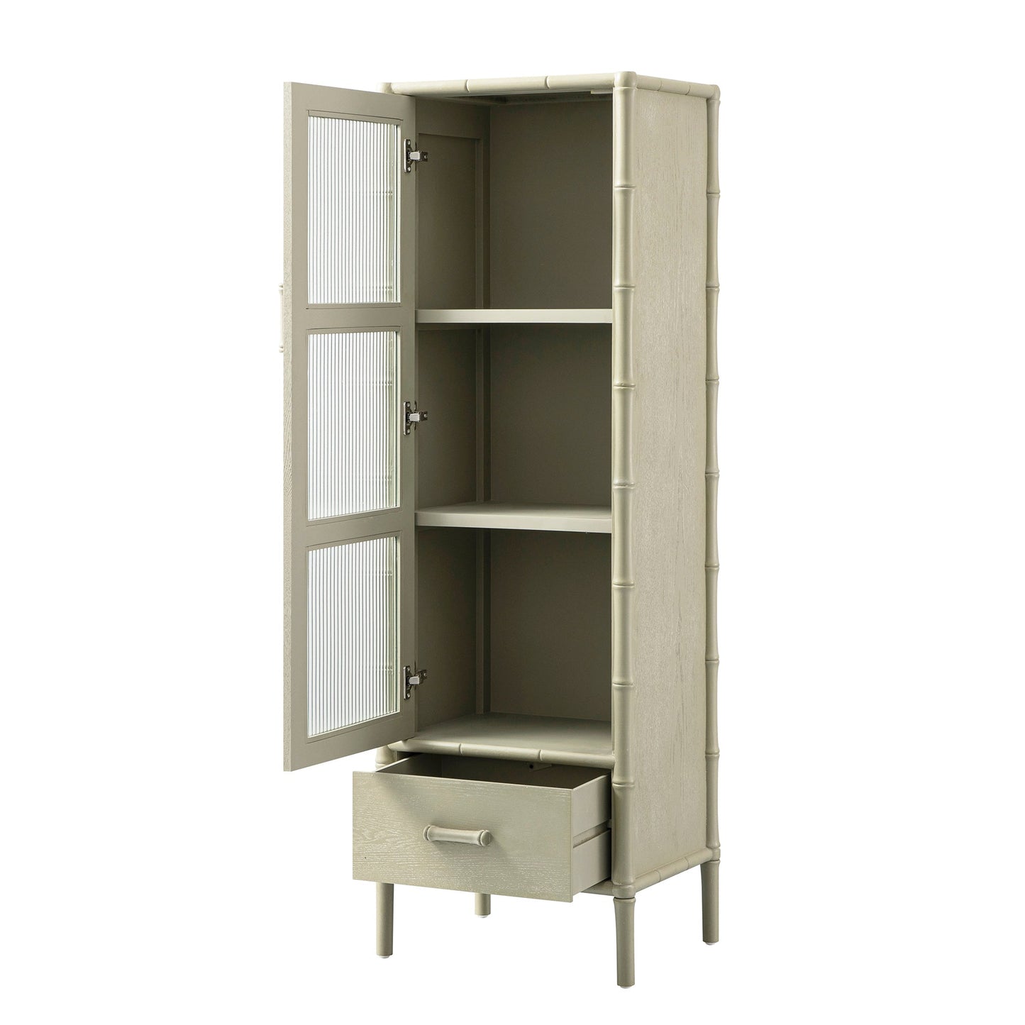 Elstowe Faux Bamboo and Fluted Glass 1-Door Cabinet, Sage Green