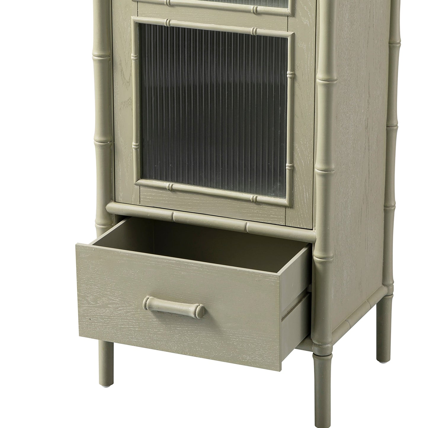 Elstowe Faux Bamboo and Fluted Glass 1-Door Cabinet, Sage Green