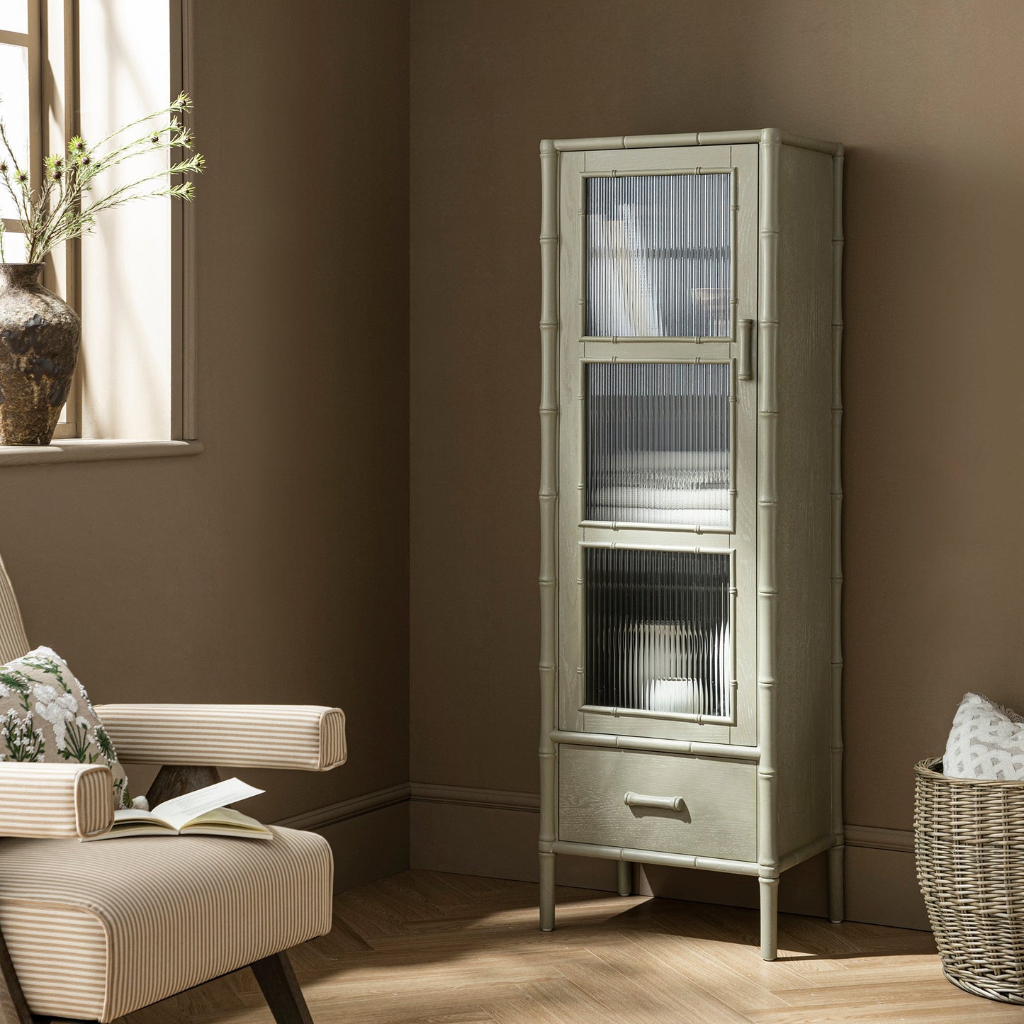 Elstowe Faux Bamboo and Fluted Glass 1-Door Cabinet, Sage Green