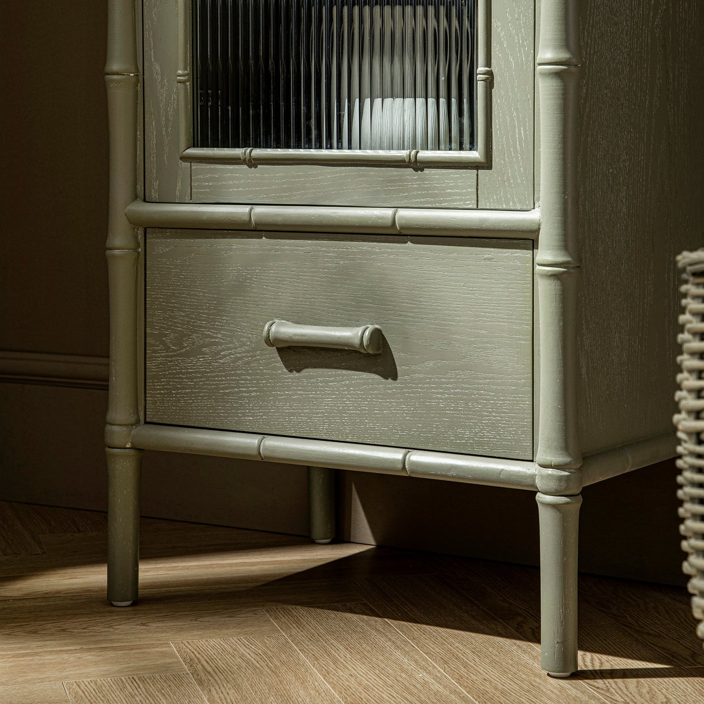 Elstowe Faux Bamboo and Fluted Glass 1-Door Cabinet, Sage Green