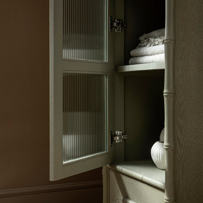 Elstowe Faux Bamboo and Fluted Glass 1-Door Cabinet, Sage Green