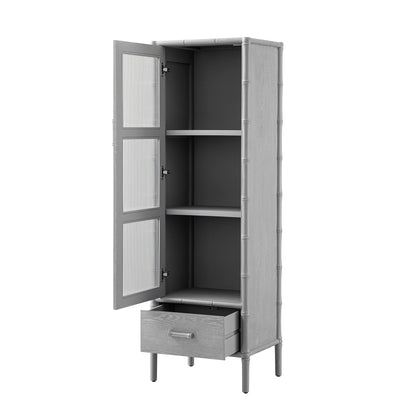 Elstowe Faux Bamboo and Fluted Glass 1-Door Cabinet, Warm Grey