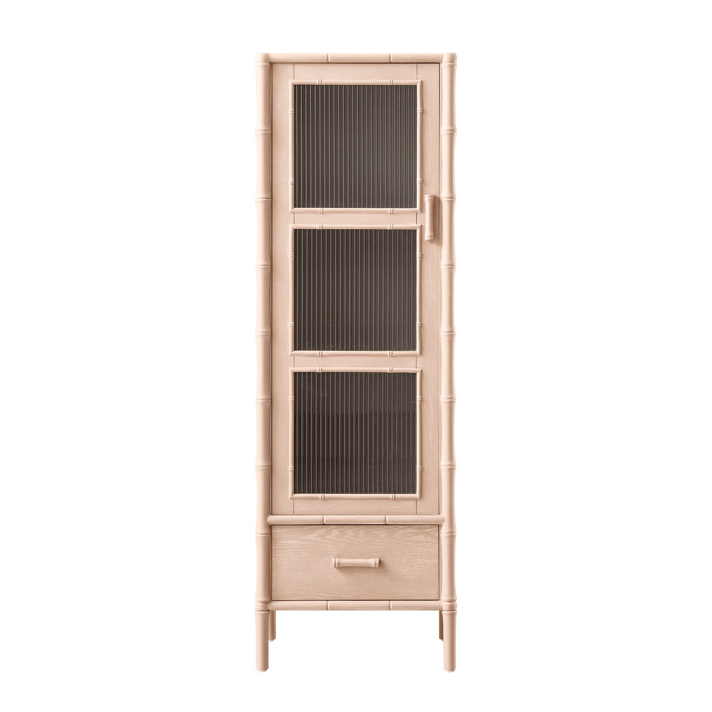 Elstowe Faux Bamboo and Fluted Glass 1-Door Cabinet, Nude Pink