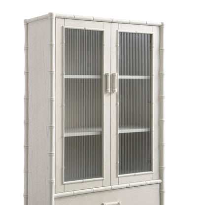 Elstowe Faux Bamboo and Fluted Glass 2-Door Cabinet, Shaded White