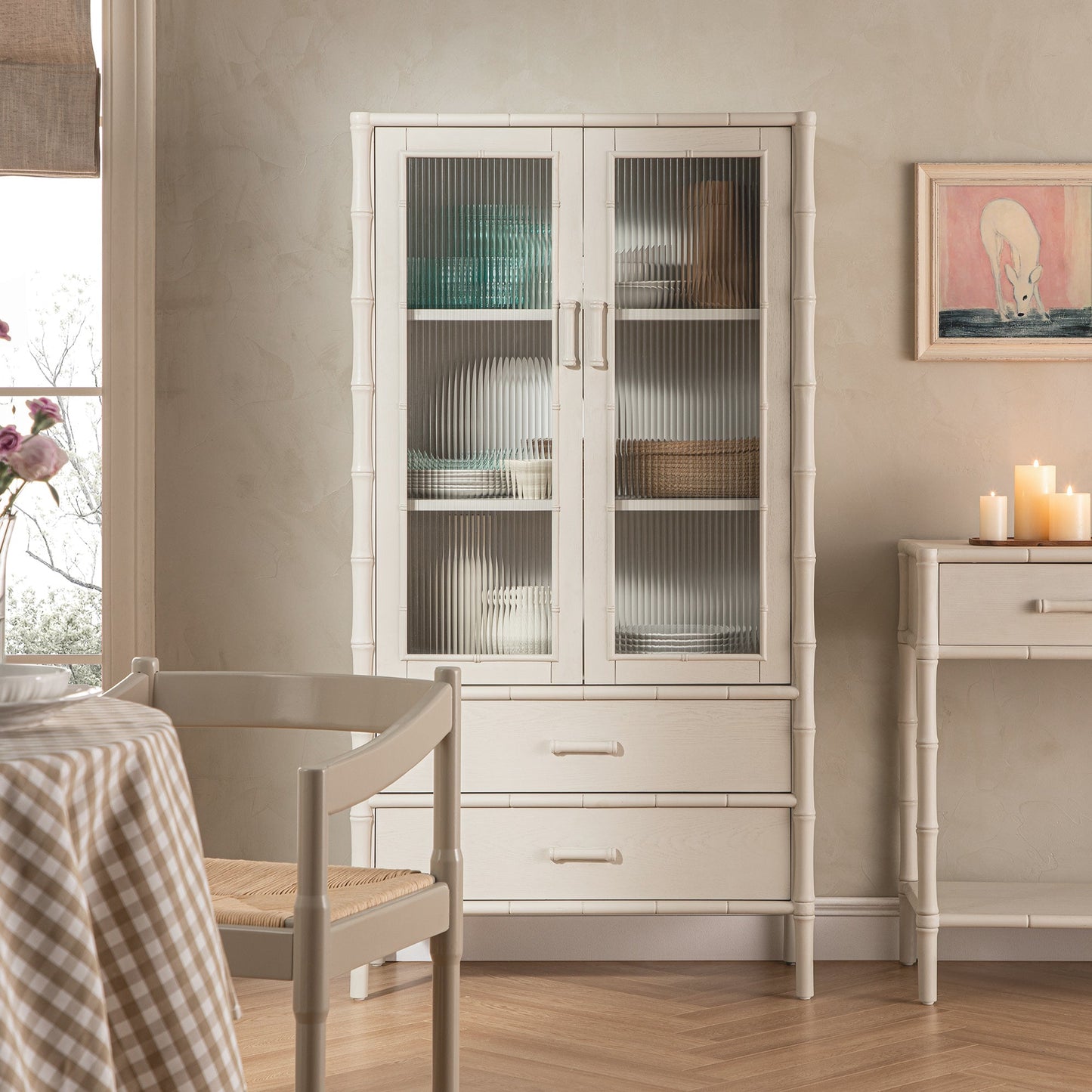 Elstowe Faux Bamboo and Fluted Glass 2-Door Cabinet, Shaded White