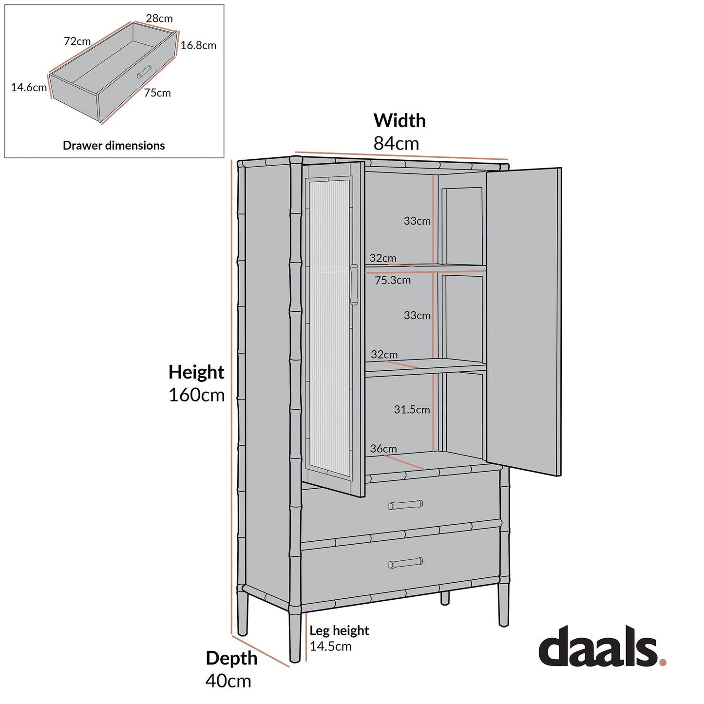 Elstowe Faux Bamboo and Fluted Glass 2-Door Cabinet, Warm Grey