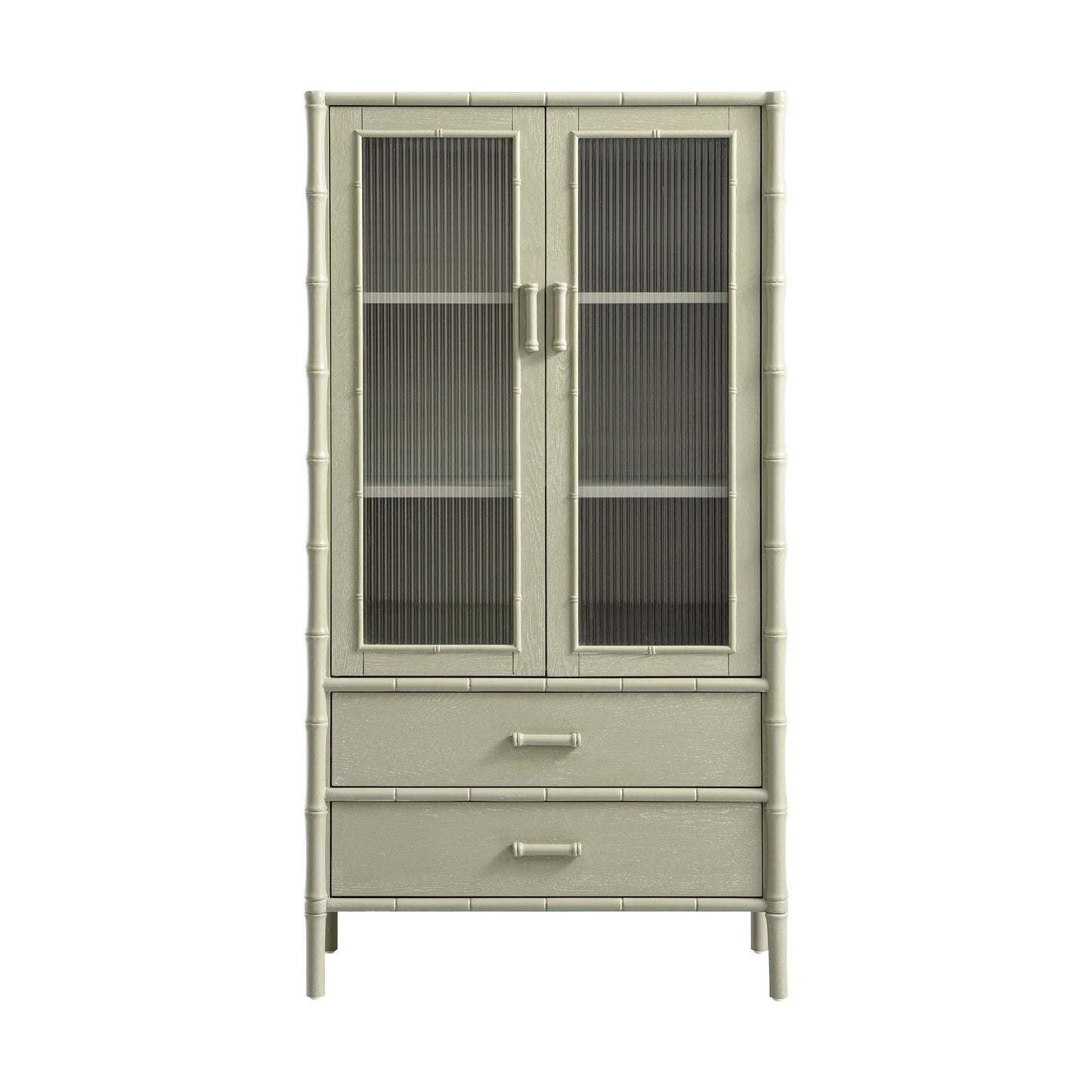 Elstowe Faux Bamboo and Fluted Glass 2-Door Cabinet, Sage Green