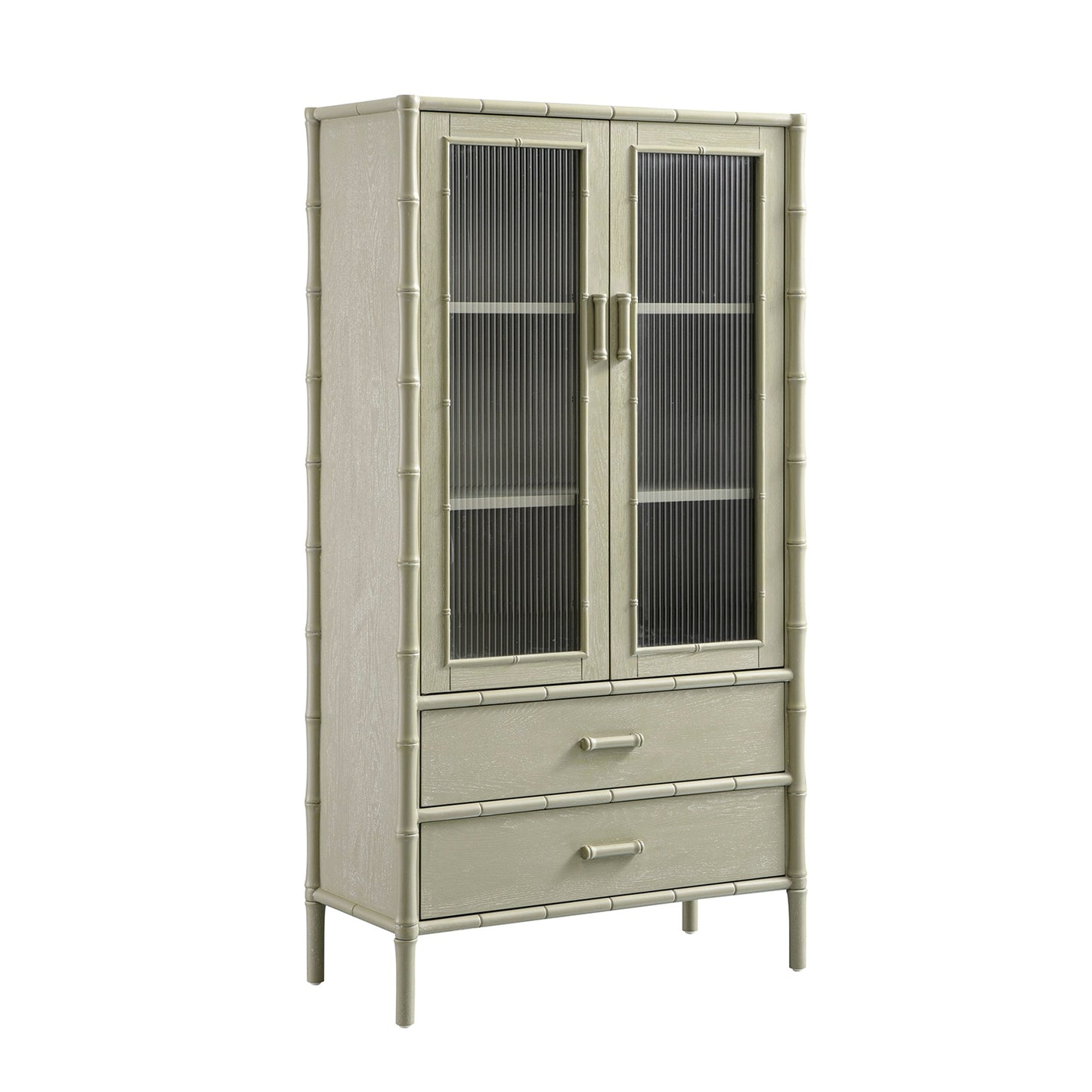 Elstowe Faux Bamboo and Fluted Glass 2-Door Cabinet, Sage Green