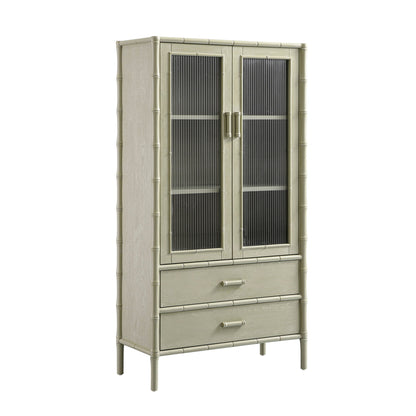 Elstowe Faux Bamboo and Fluted Glass 2-Door Cabinet, Sage Green