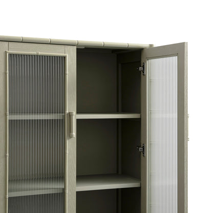 Elstowe Faux Bamboo and Fluted Glass 2-Door Cabinet, Sage Green