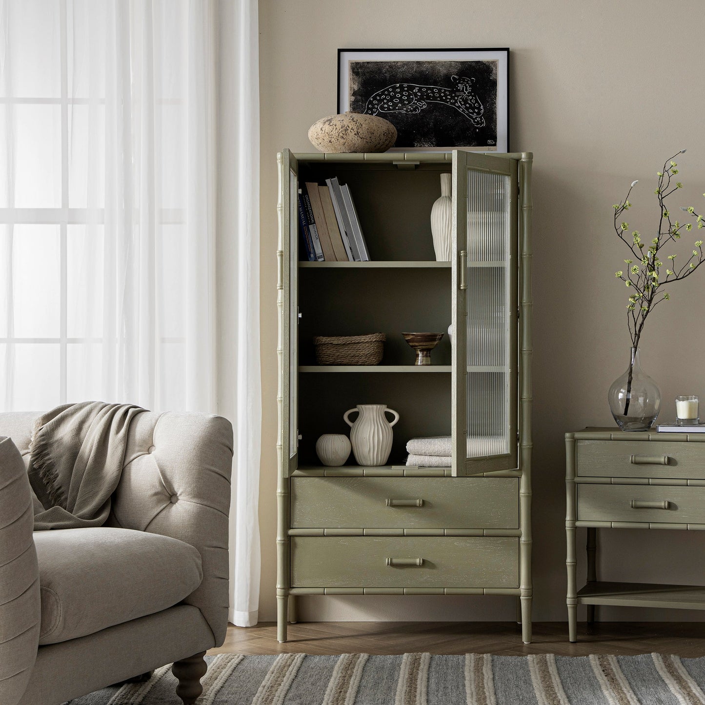 Elstowe Faux Bamboo and Fluted Glass 2-Door Cabinet, Sage Green