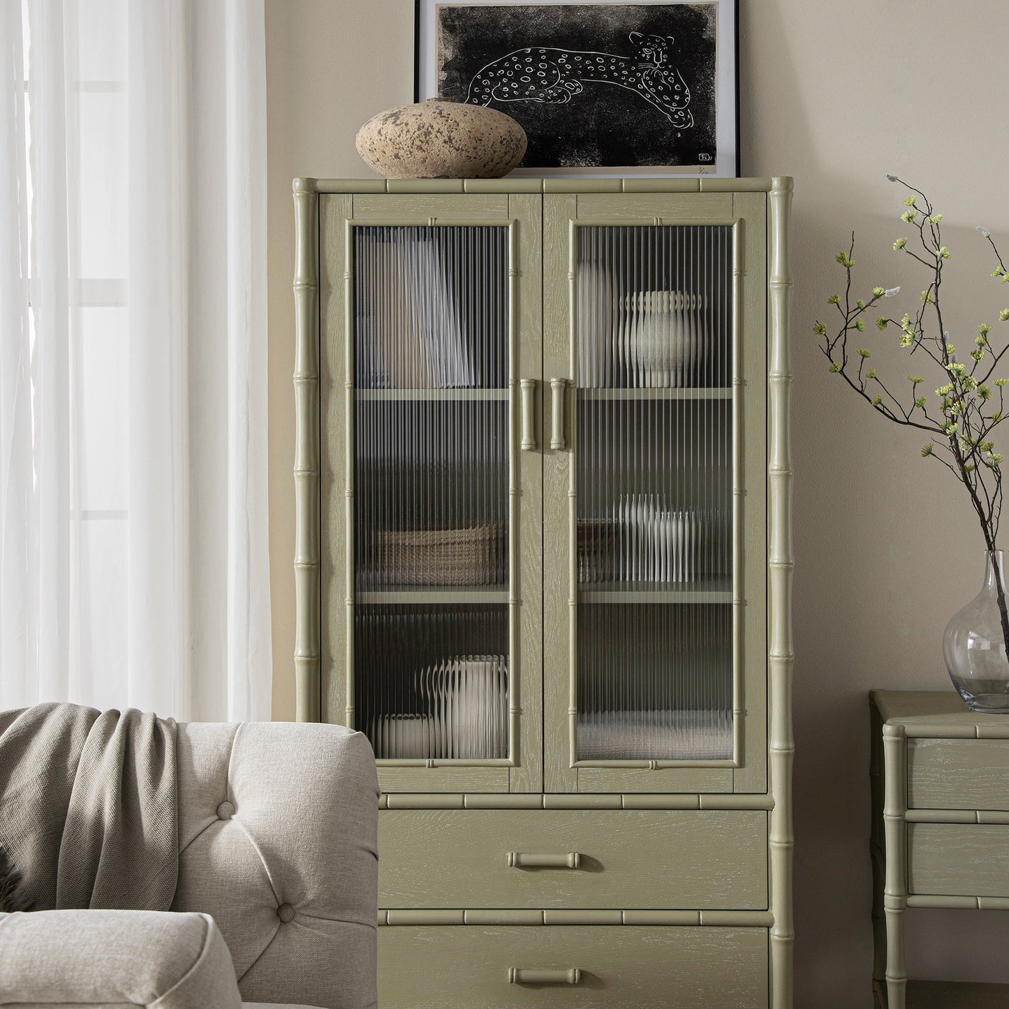 Elstowe Faux Bamboo and Fluted Glass 2-Door Cabinet, Sage Green