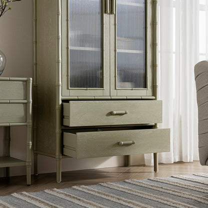 Elstowe Faux Bamboo and Fluted Glass 2-Door Cabinet, Sage Green