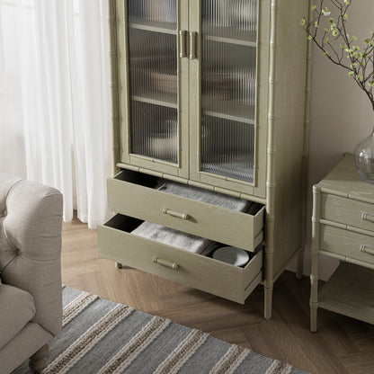 Elstowe Faux Bamboo and Fluted Glass 2-Door Cabinet, Sage Green