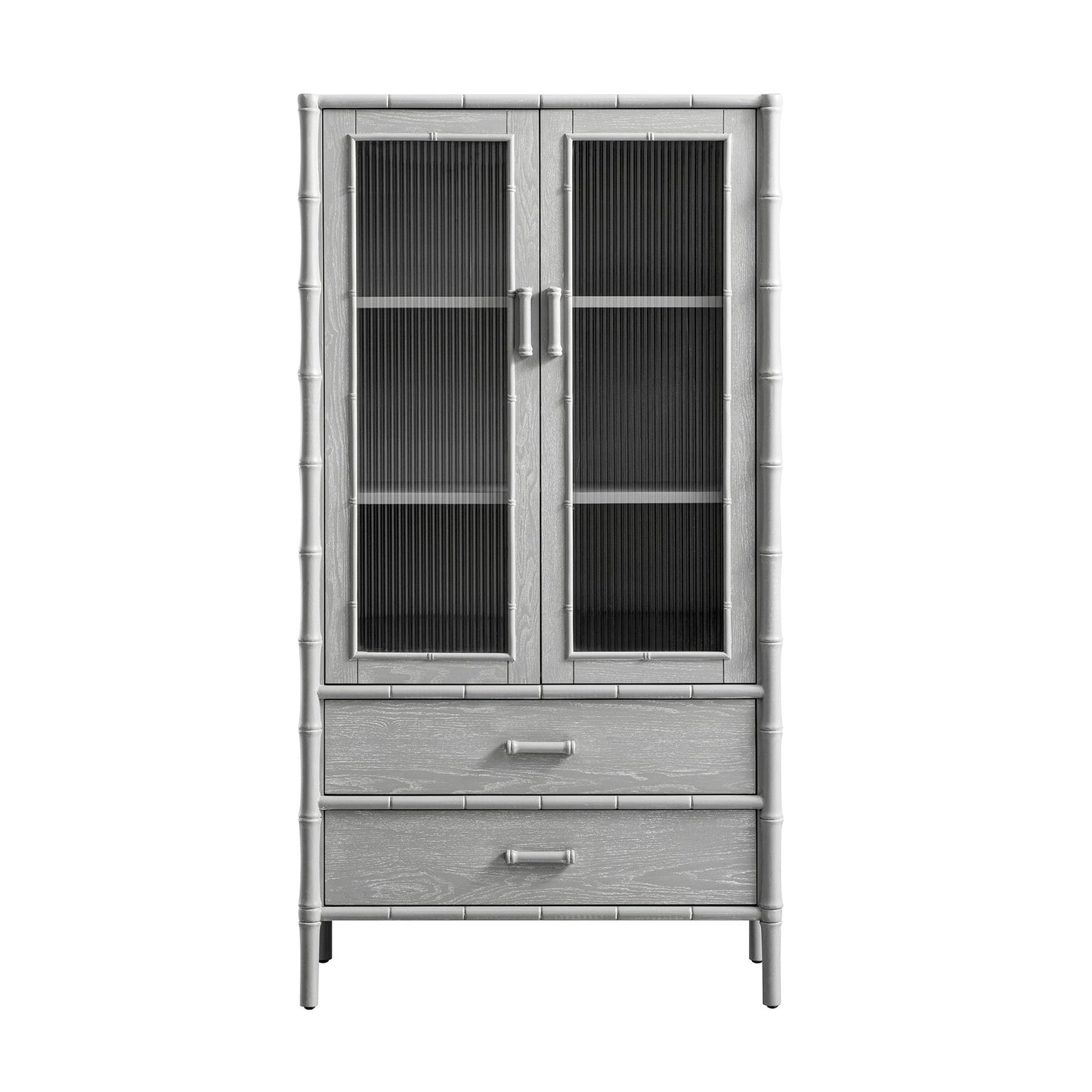 Elstowe Faux Bamboo and Fluted Glass 2-Door Cabinet, Warm Grey