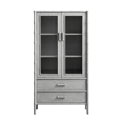 Elstowe Faux Bamboo and Fluted Glass 2-Door Cabinet, Warm Grey
