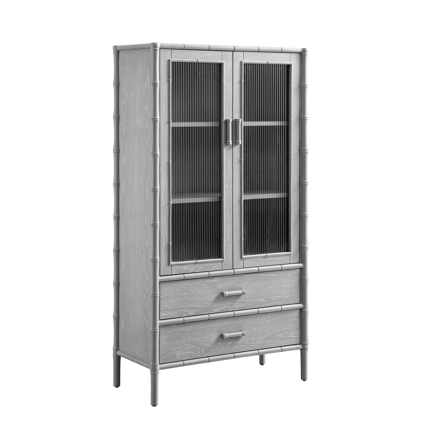 Elstowe Faux Bamboo and Fluted Glass 2-Door Cabinet, Warm Grey