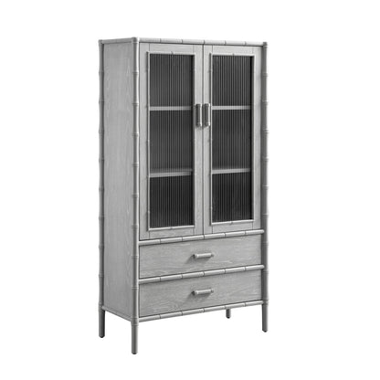 Elstowe Faux Bamboo and Fluted Glass 2-Door Cabinet, Warm Grey