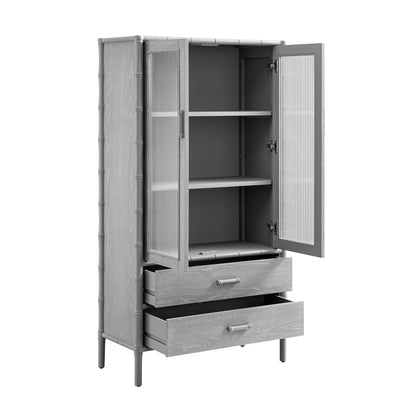 Elstowe Faux Bamboo and Fluted Glass 2-Door Cabinet, Warm Grey