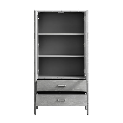 Elstowe Faux Bamboo and Fluted Glass 2-Door Cabinet, Warm Grey