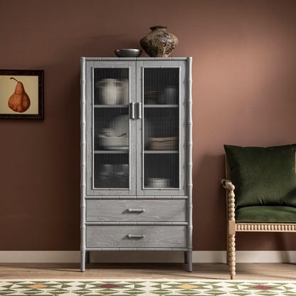 Elstowe Faux Bamboo and Fluted Glass 2-Door Cabinet, Warm Grey
