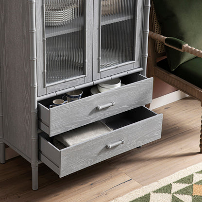 Elstowe Faux Bamboo and Fluted Glass 2-Door Cabinet, Warm Grey
