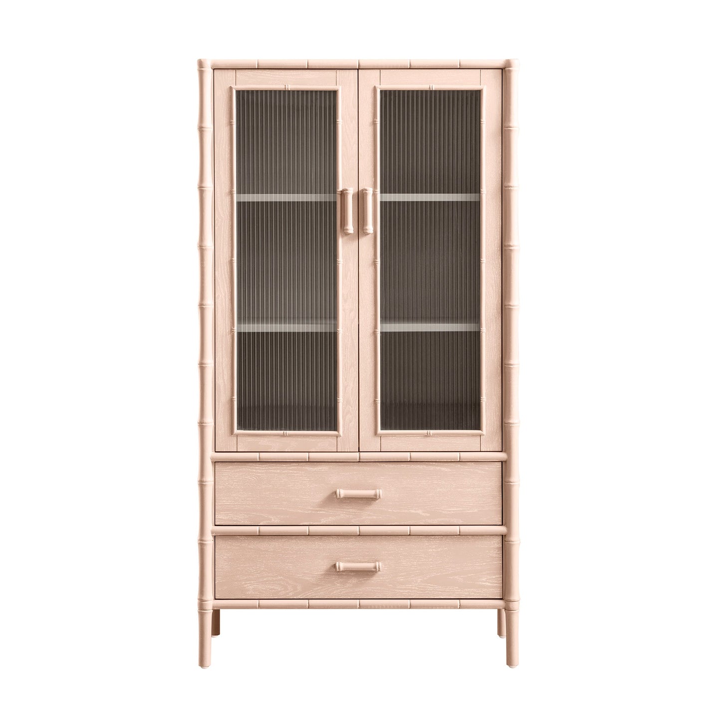 Elstowe Faux Bamboo and Fluted Glass 2-Door Cabinet, Nude Pink