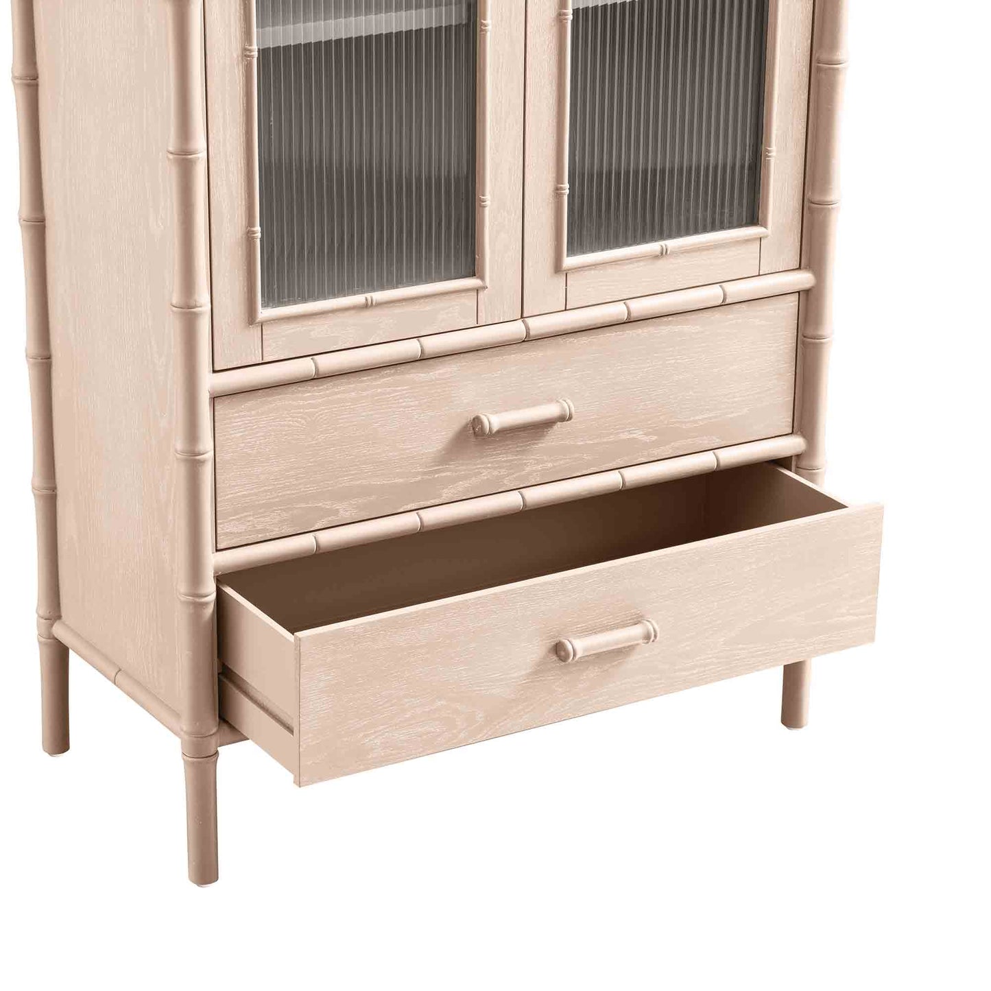 Elstowe Faux Bamboo and Fluted Glass 2-Door Cabinet, Nude Pink