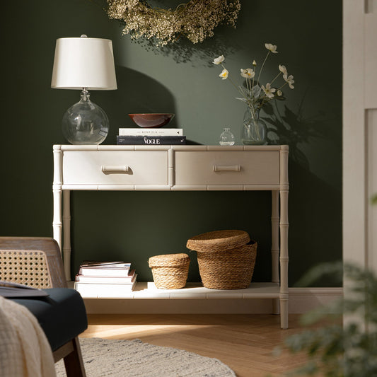 Elstowe Faux Bamboo 2-Drawer Console Table, Shaded White