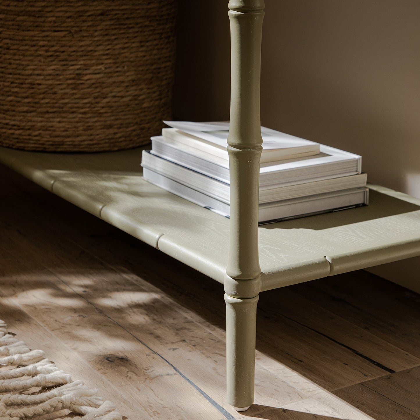 Elstowe Faux Bamboo 2-Drawer Console Table, Sage Green