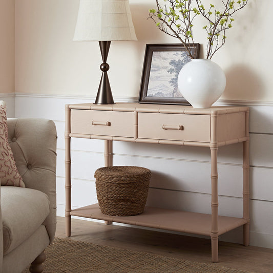 Elstowe Faux Bamboo 2-Drawer Console Table, Nude Pink