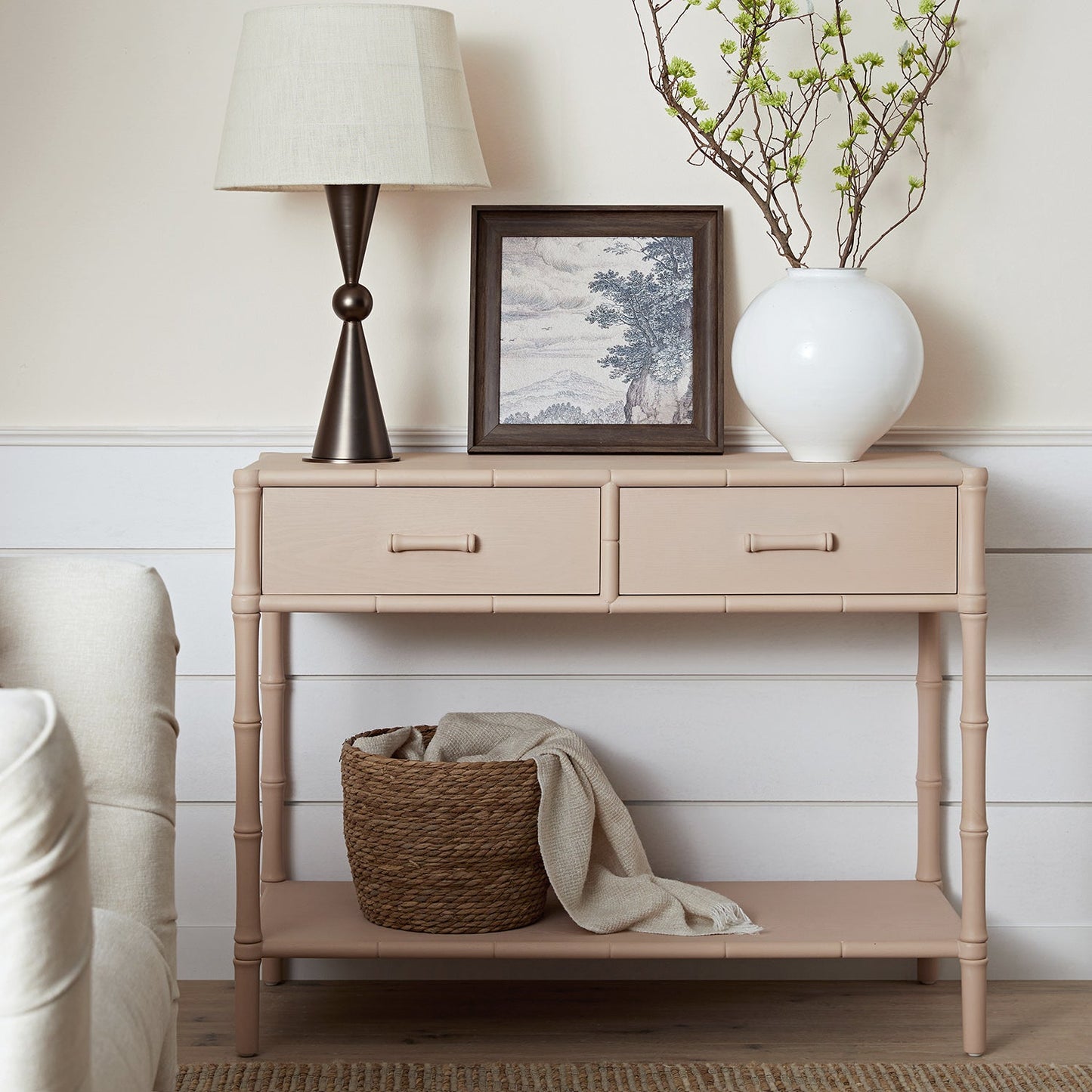 Elstowe Faux Bamboo 2-Drawer Console Table, Nude Pink