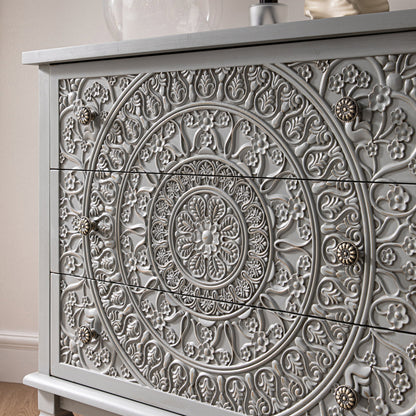 Chantilly Mid Grey Carved 3 Drawer Chest