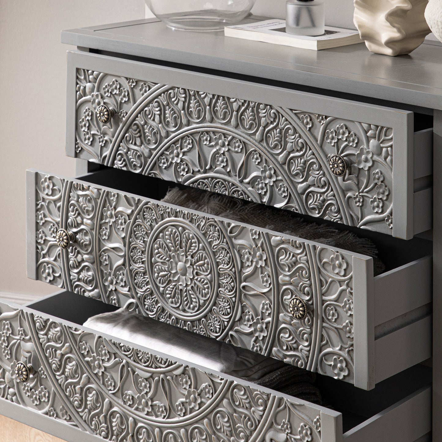 Chantilly Mid Grey Carved 3 Drawer Chest