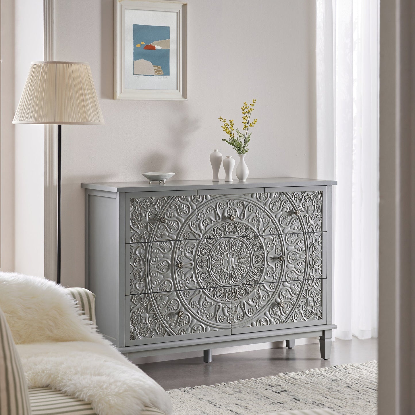 Chantilly Mid Grey Carved 3 over 4 Drawer Chest