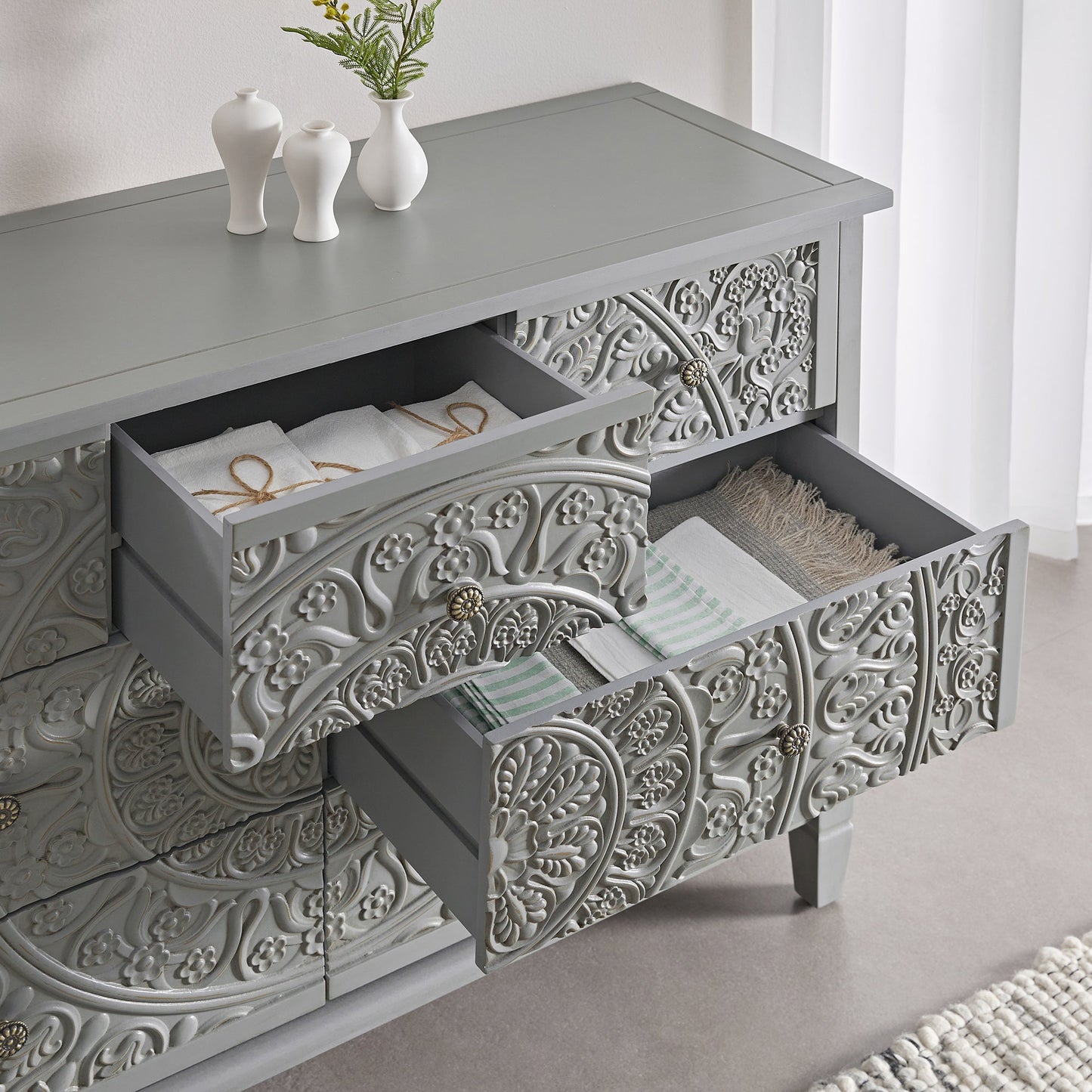 Chantilly Mid Grey Carved 3 over 4 Drawer Chest