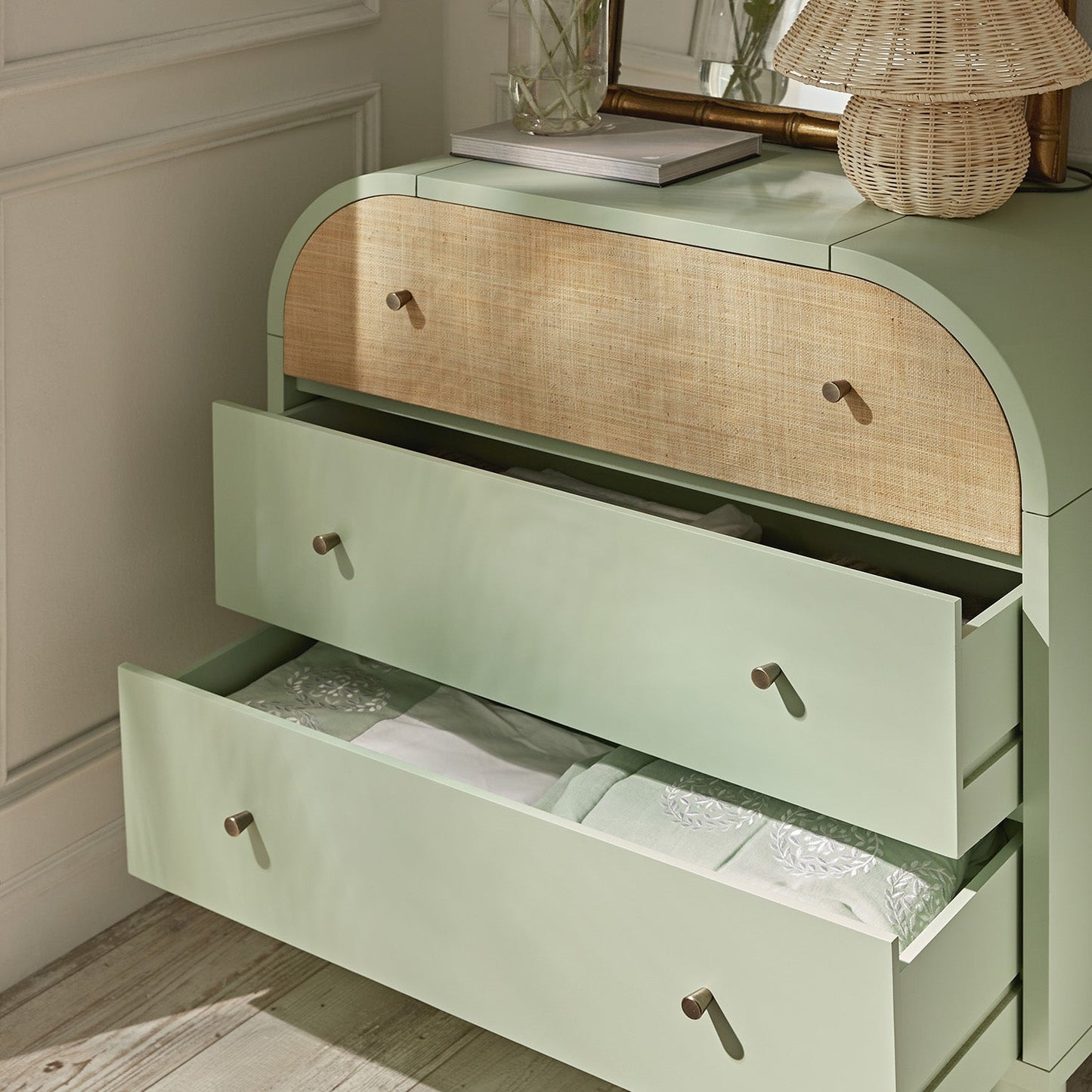 Maude Chest of 3 Drawers, Muted Pistachio Ash with Raffia