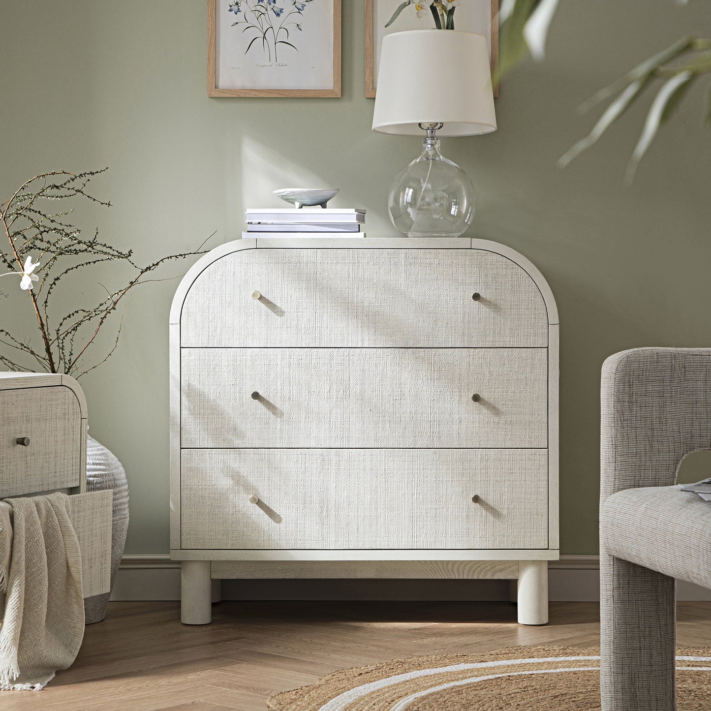 Maude Chest of 3 Drawers, Washed White Ash with Raffia