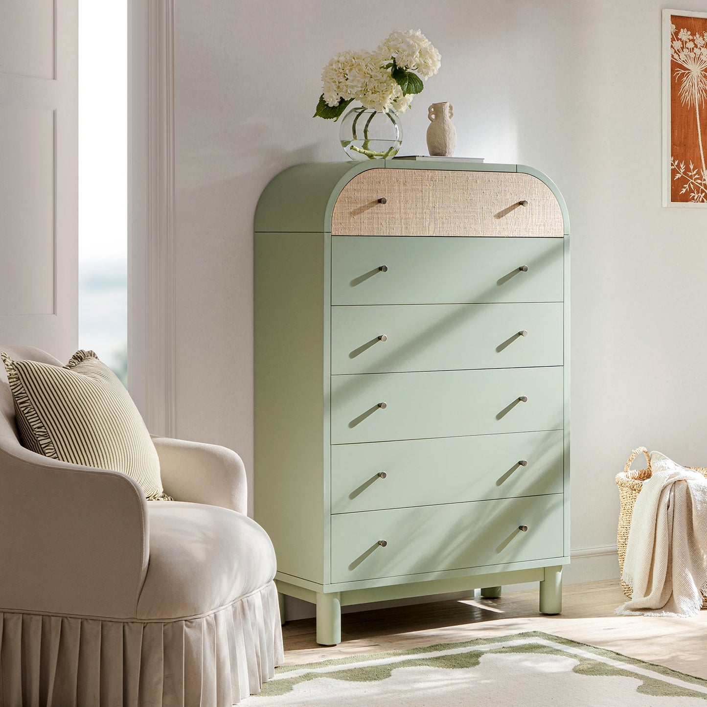 Maude Tall Chest, Muted Pistachio Ash with Raffia