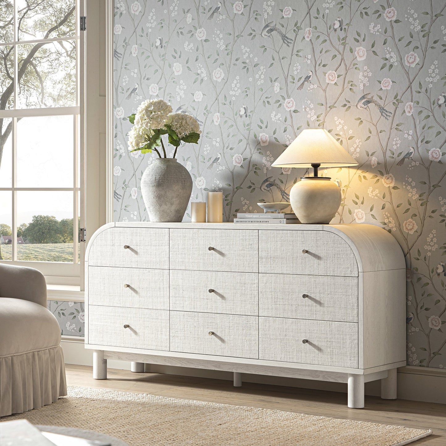 Maude 9 Drawer Chest, Washed White Ash with Raffia