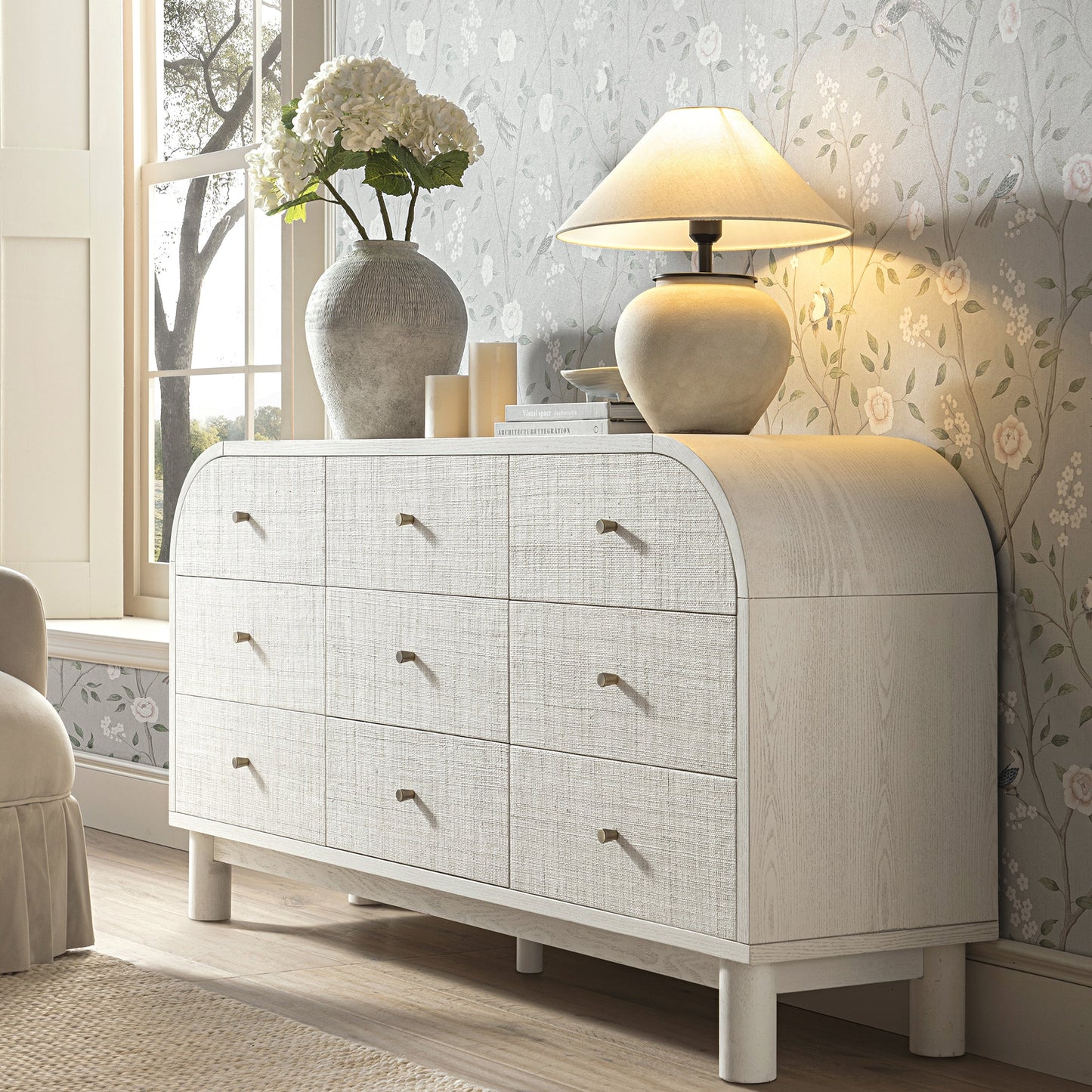 Maude 9 Drawer Chest, Washed White Ash with Raffia