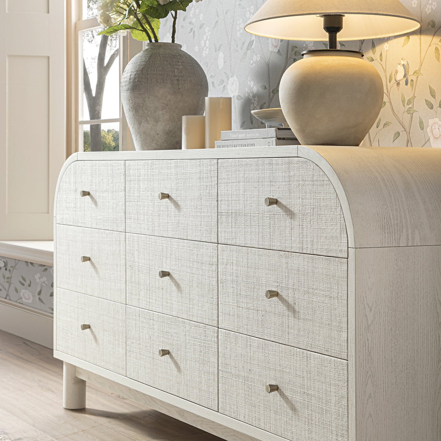 Maude 9 Drawer Chest, Washed White Ash with Raffia