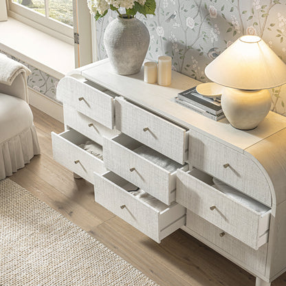 Maude 9 Drawer Chest, Washed White Ash with Raffia