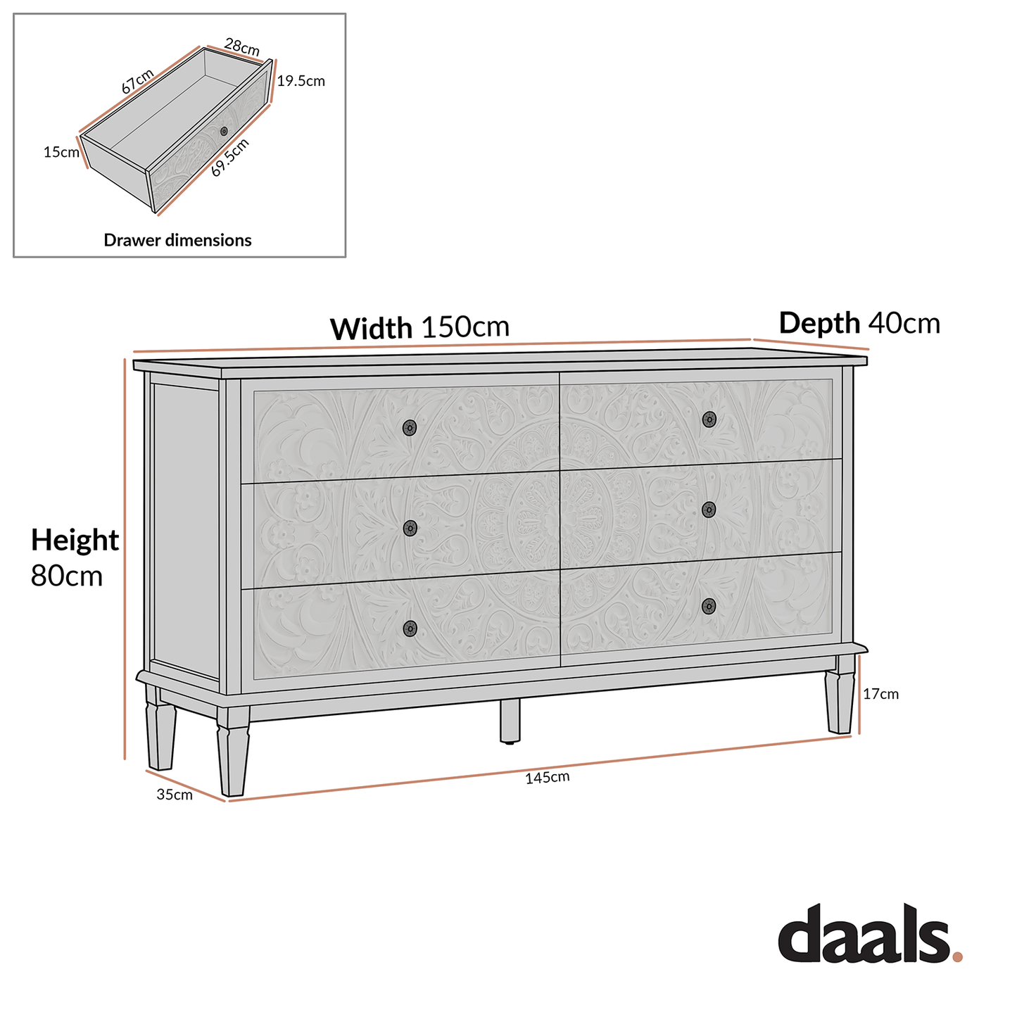 Chantilly Mid Grey Carved Wide 6 Drawer Chest