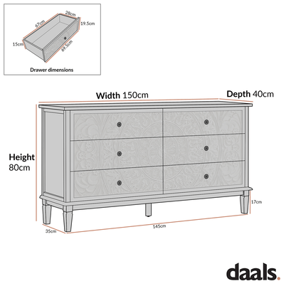 Chantilly Mid Grey Carved Wide 6 Drawer Chest