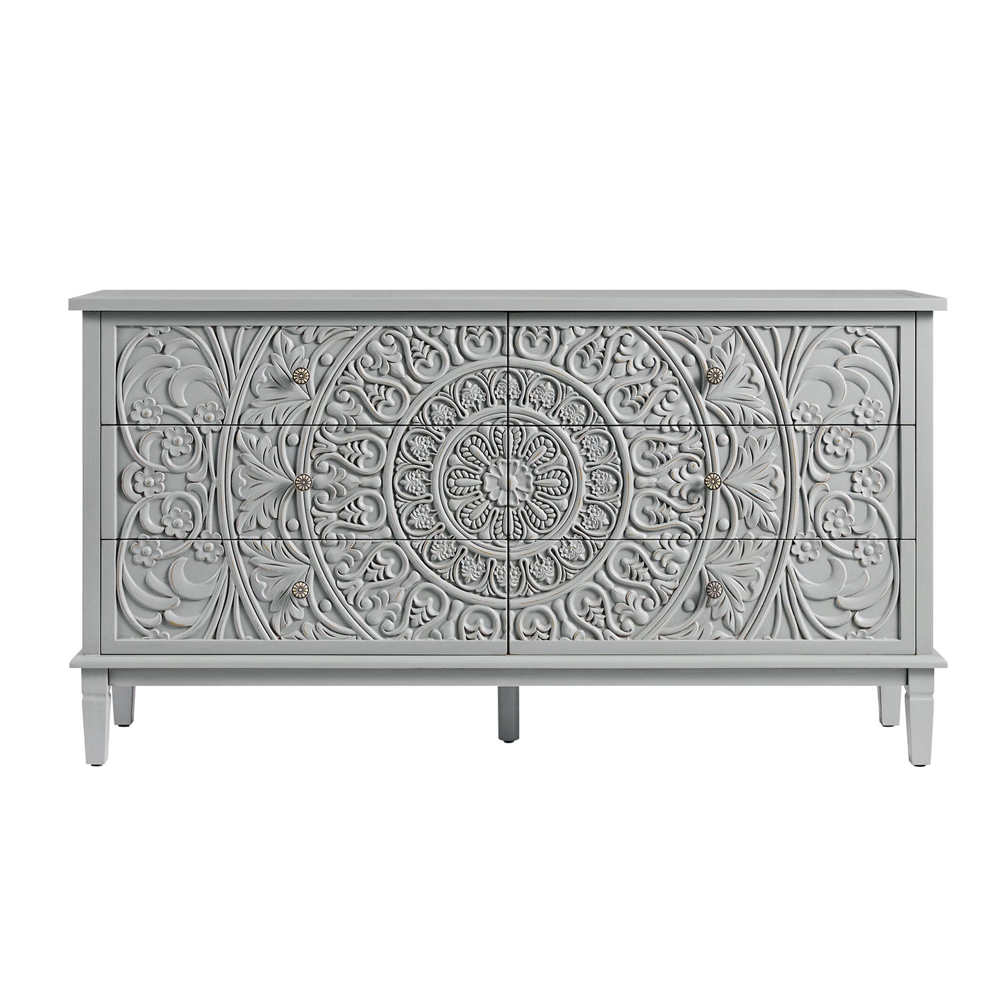 Chantilly Mid Grey Carved Wide 6 Drawer Chest