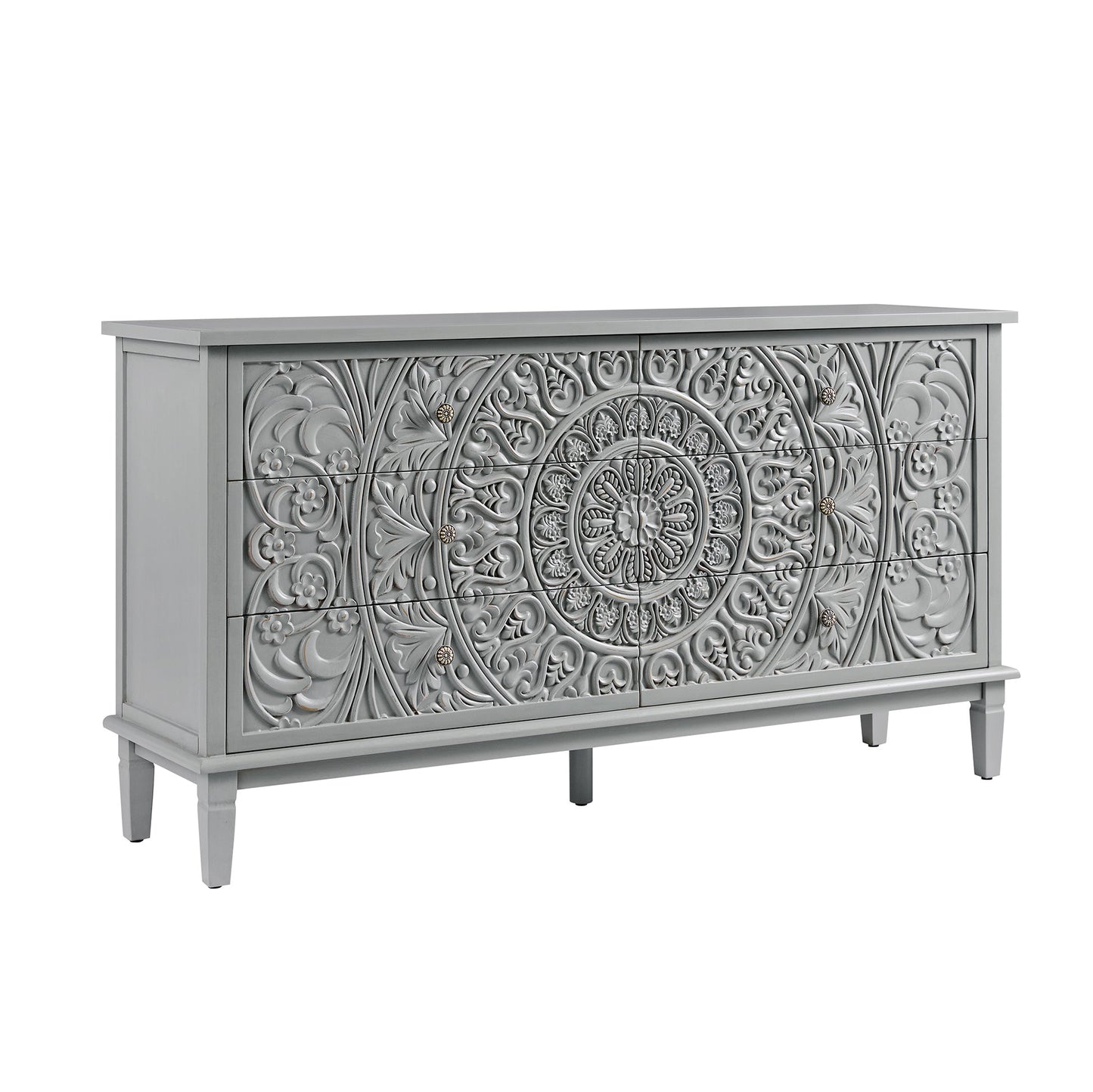 Chantilly Mid Grey Carved Wide 6 Drawer Chest