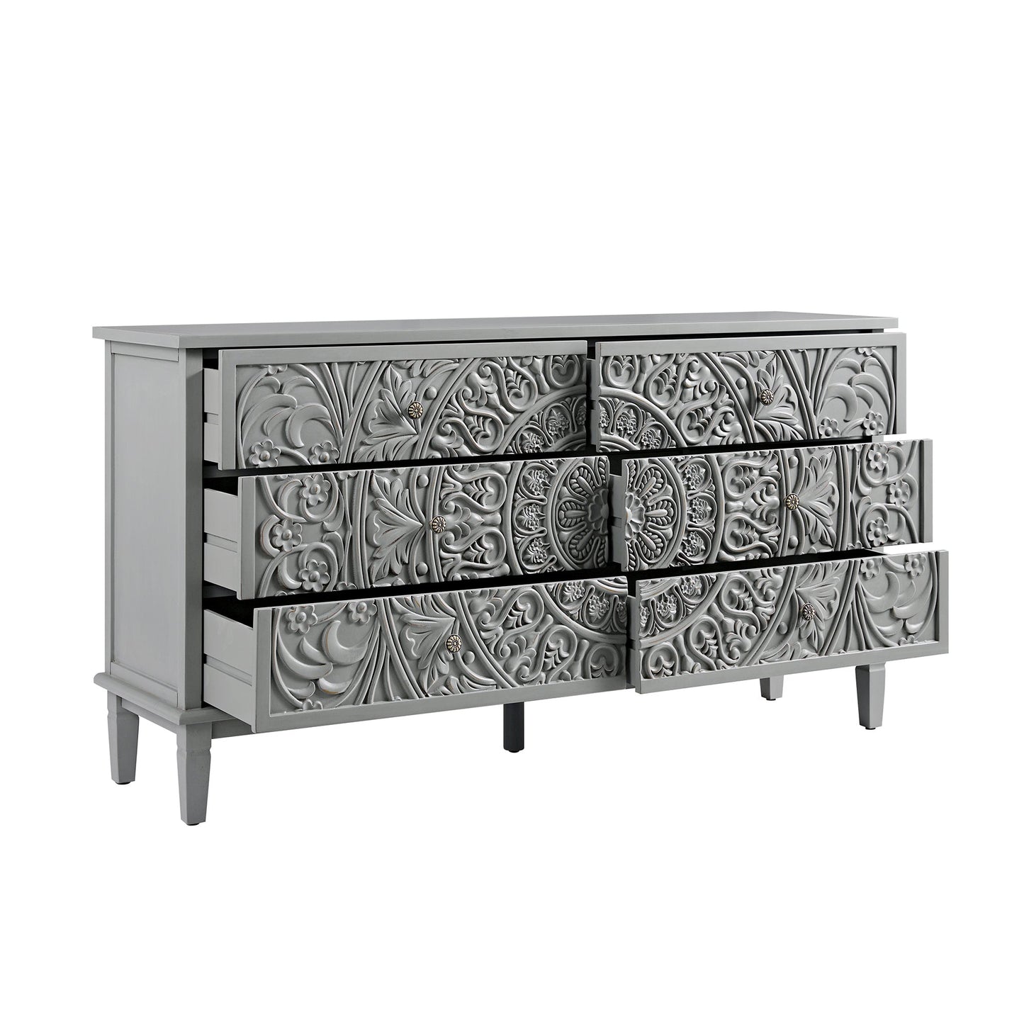 Chantilly Mid Grey Carved Wide 6 Drawer Chest